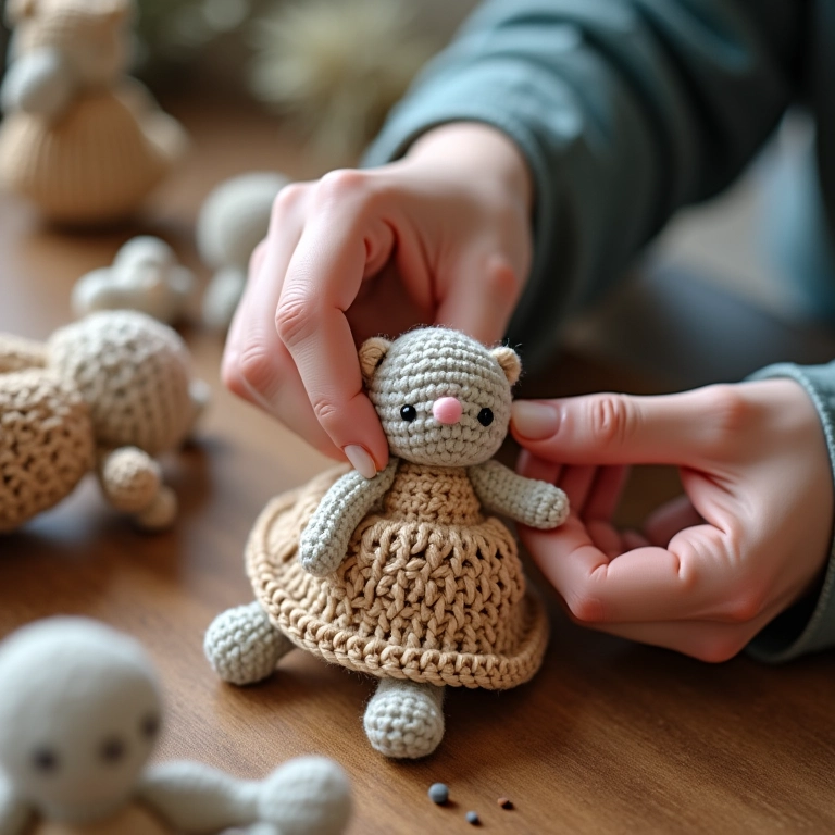 Detalhe de roupa de amigurumi com ponto mosca.