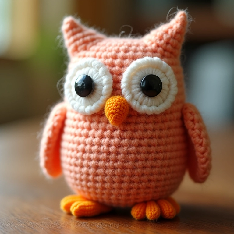 Detalhe de um puxa saco de crochê em formato de coruja.