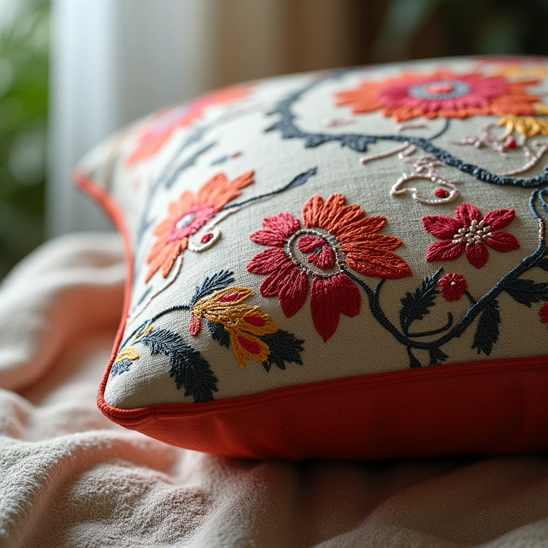 Detalhe de uma almofada bordada com padrões florais e cores vibrantes.
