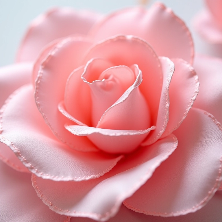 Detalhe de uma flor de fita de cetim com acabamento impecável e costura perfeita.