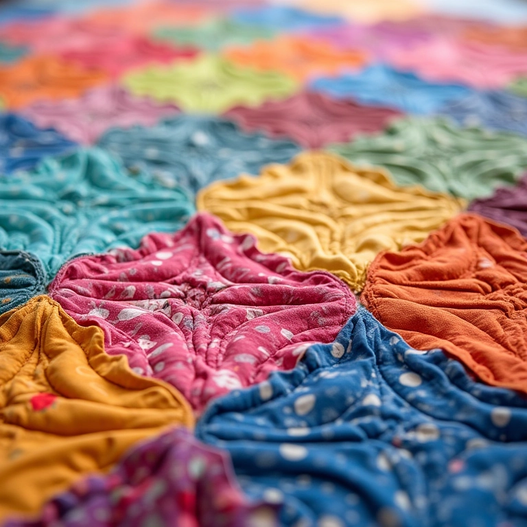 A técnica do ‘jelly roll’ que facilita a montagem da colcha Detalhe de uma vibrante colcha 'jelly roll' em andamento, mostrando os padrões dos tecidos.