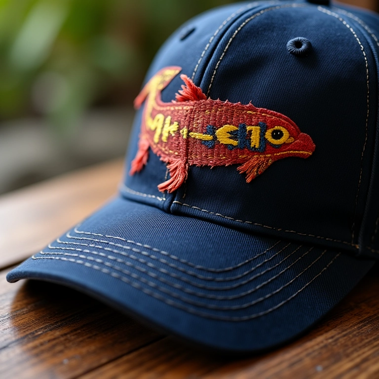 Detalhe do bordado em boné personalizado, destacando a elegância e sofisticação.