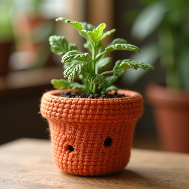 Detalhe dos furos de drenagem em um vaso de amigurumi.