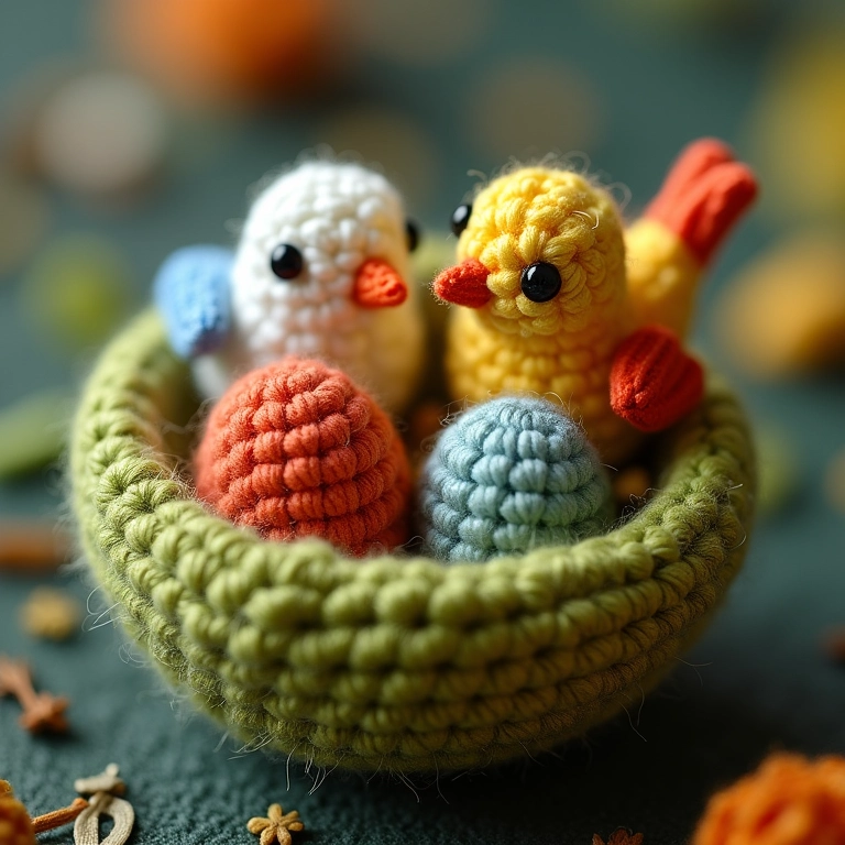 Detalhe dos pontos de crochê em um ninho de amigurumi.