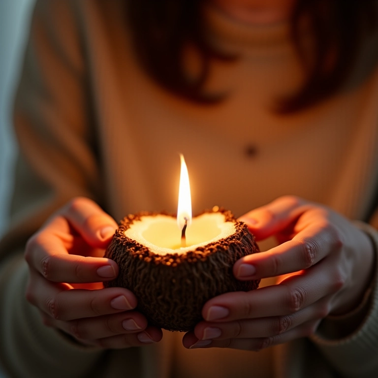 Detalhe macro de amigurumi de vela em casca de coco, mostrando a textura do crochê.