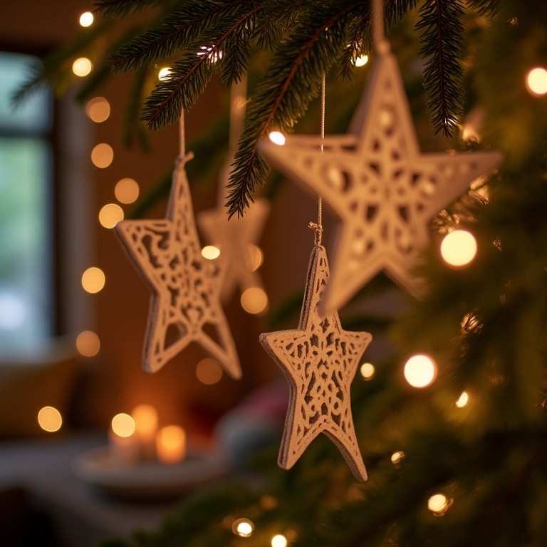 Detalhes da decoração de Natal artesanal em sala aconchegante.