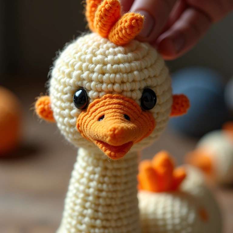 Detalhes do rosto da Galinha Pintadinha em crochê: olhos e crista.