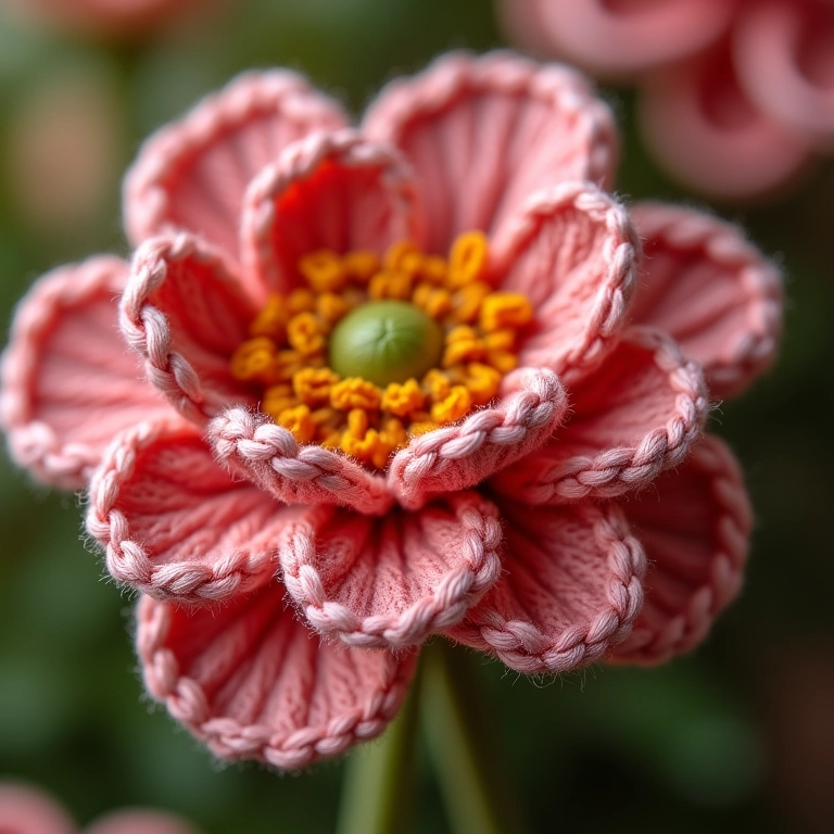 Detalhes dos pontos de crochê em um peso de porta flor.