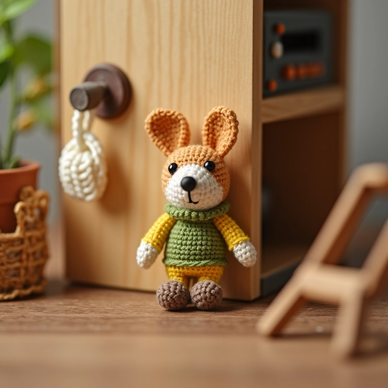 Detalhes extras da casinha de amigurumi, como maçaneta e acessórios.