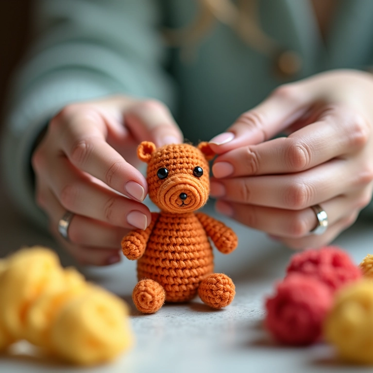 Dicas de especialista: artesã finaliza amigurumi de biscuit com pontos precisos e delicados.