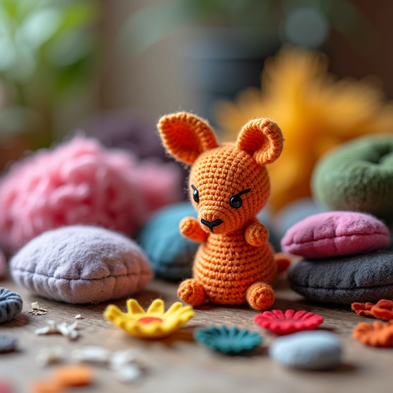 Diferentes tipos de feltro ao lado de flor de feltro em amigurumi.