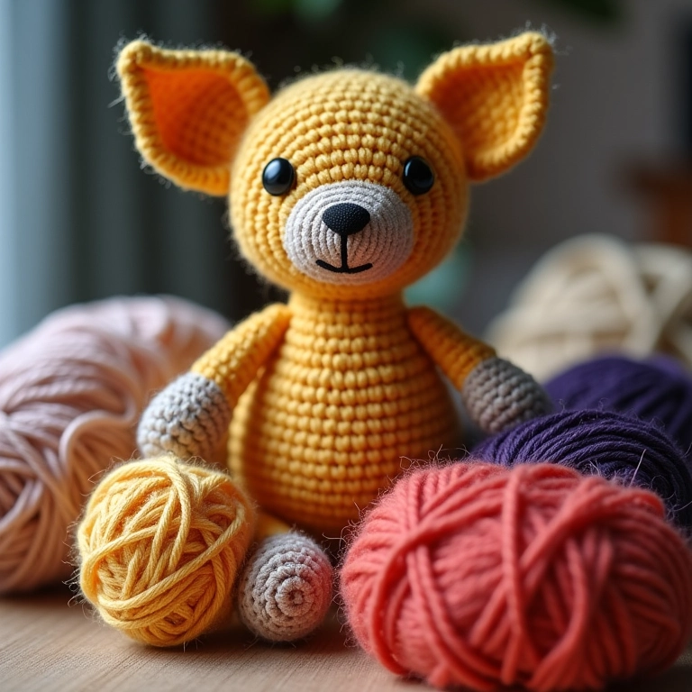Diferentes tipos de fio ao lado de um amigurumi feito com ponto segredo.