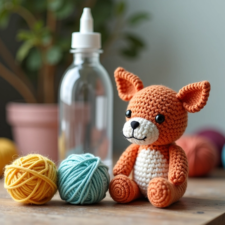 Diversas colas e fios ao lado de garrafa com amigurumi, melhor cola para barbante em vidro.