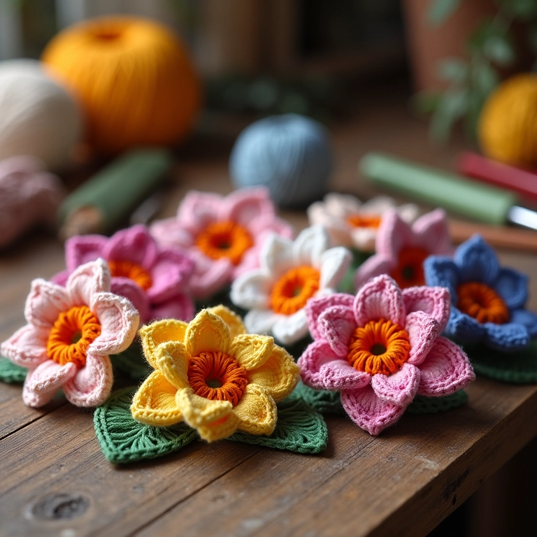 Diversos amigurumis de flores de crochê coloridas.