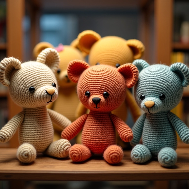 Diversos amigurumis expostos, estilo Vitrine do Artesanato.