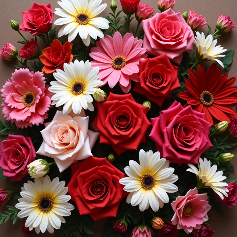 Diversos tipos de flores feitas com fita de cetim: rosas, lírios e margaridas.