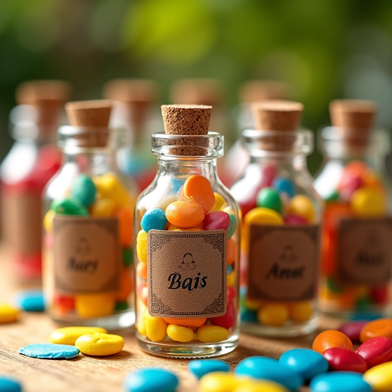 Docinhos e balas personalizadas em mini garrafas.