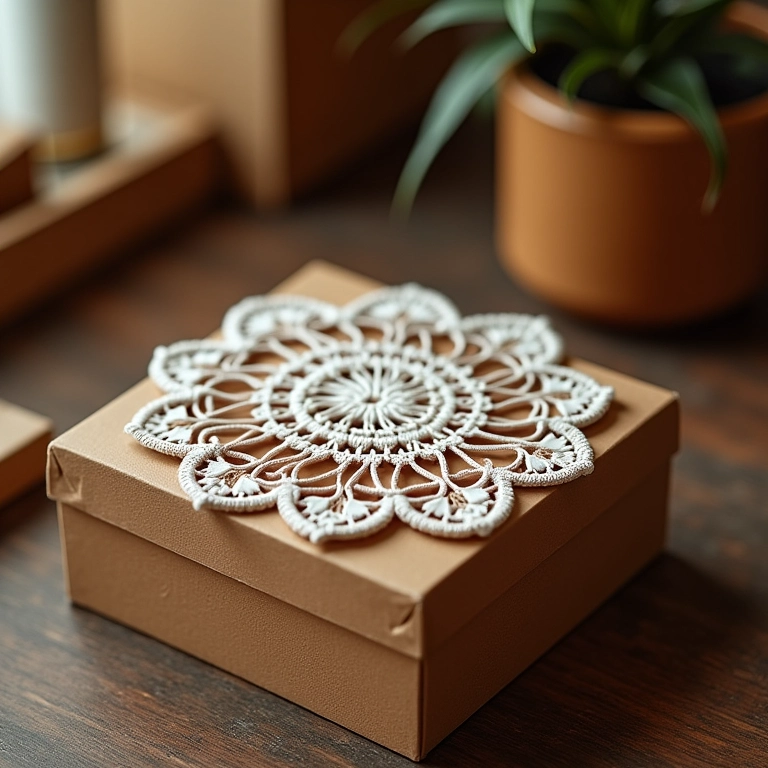 Doily de crochê em caixa MDF estilo vintage.