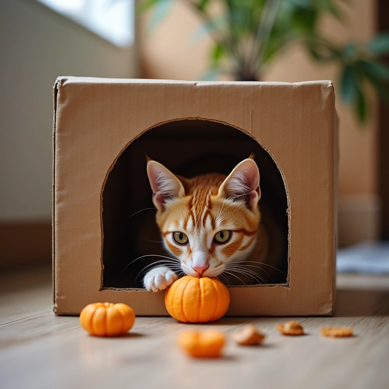 Dono incentivando gato a entrar na casinha.