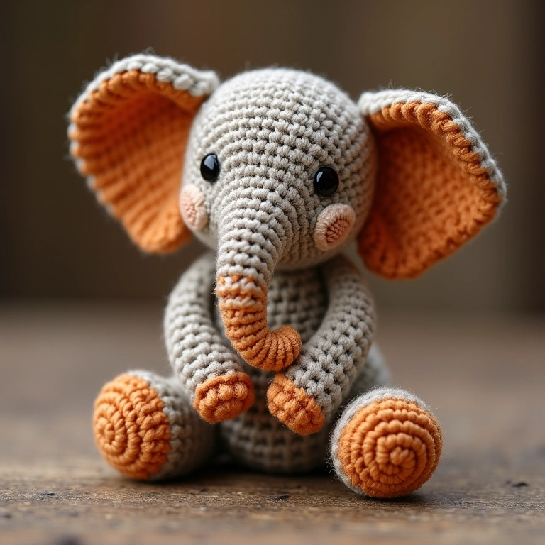 Elefante amigurumi com técnica puddle pour, tons terrosos.
