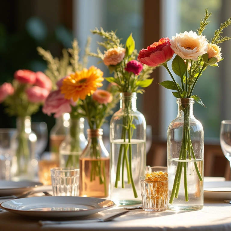 Elegant table centerpiece with glass bottles and flowers, natural lighting, 8K quality, sharp Centro de mesa elegante com garrafas e flores.