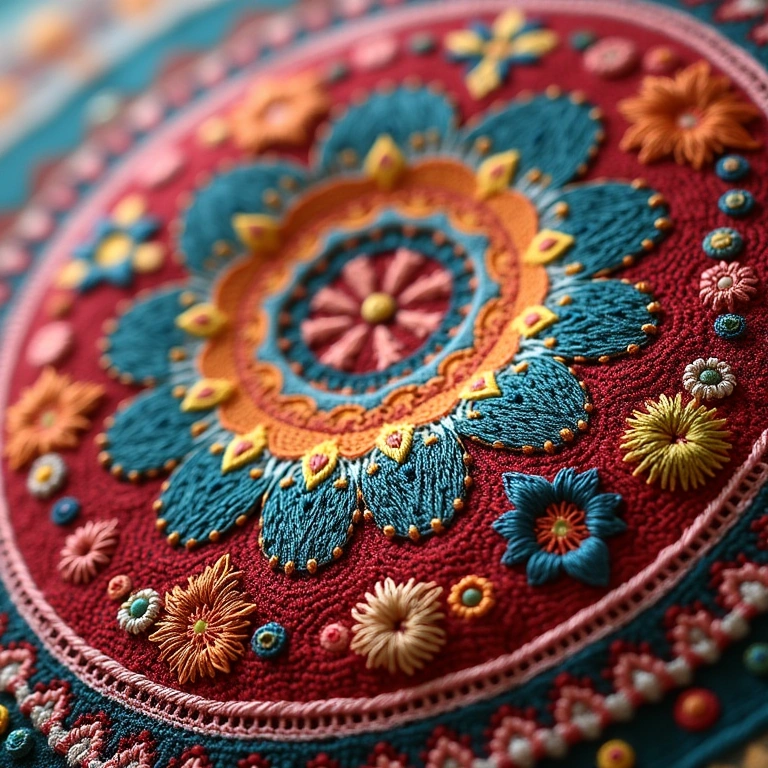 Embroidered fabric art, colorful threads, intricate designs, natural light, professional Arte em tecido bordado com fios coloridos.