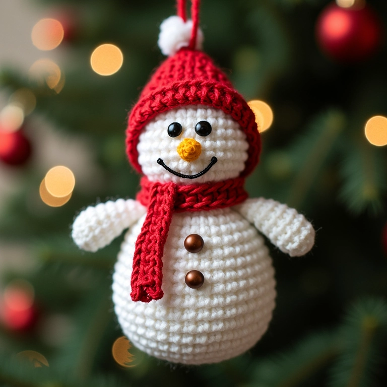 Enfeite de árvore de Natal de boneco de neve em amigurumi.