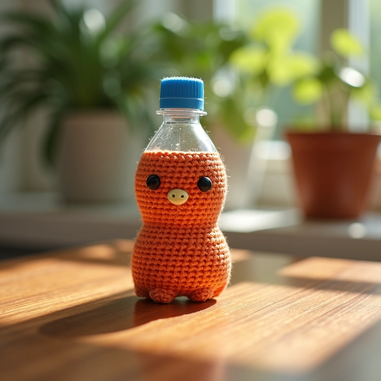 Enfeite de crochê de amigurumi feito com tampinhas de garrafa PET recicladas.
