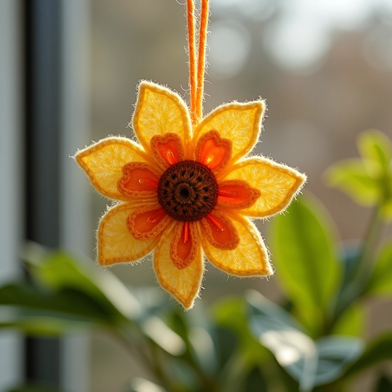 Enfeite de janela criativo com flores de feltro em amigurumi.
