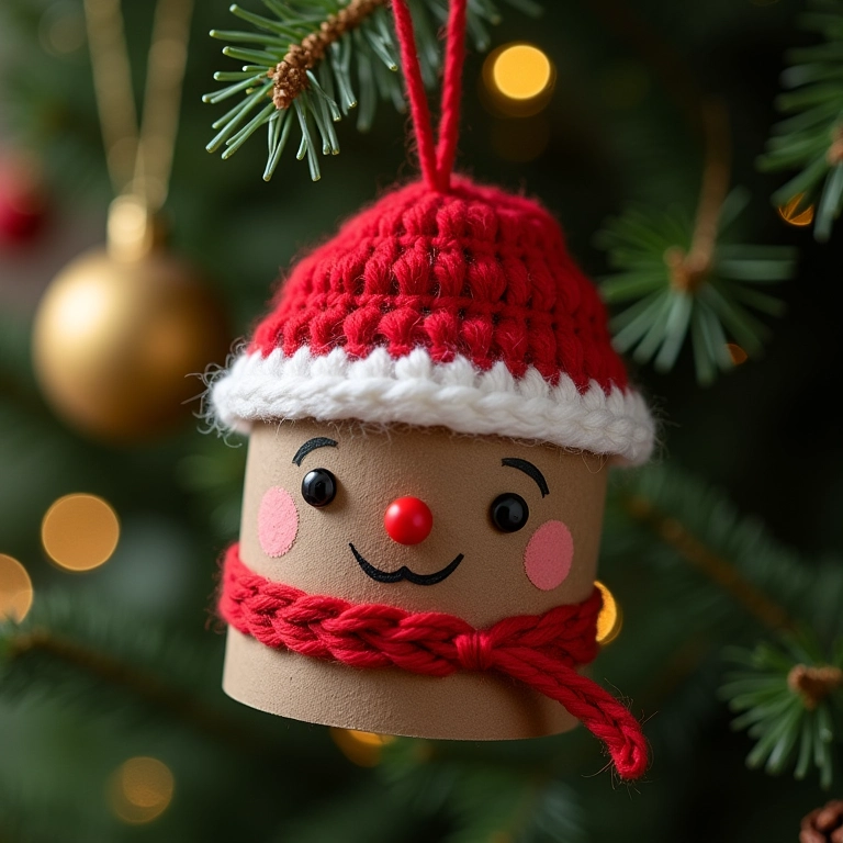 Enfeite de Natal sustentável de amigurumi com rolo de papel higiênico.