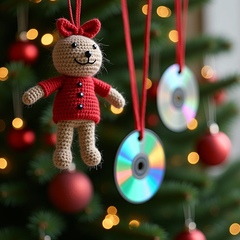 Enfeites de amigurumi feitos com CDs e DVDs reciclados.