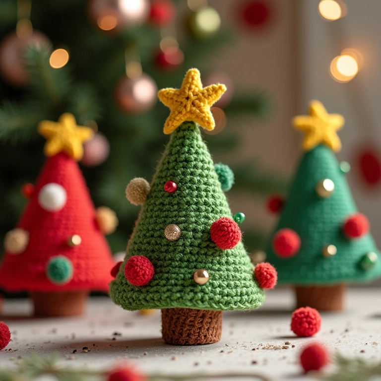 Enfeites de amigurumi para árvore de Natal feitos com caixas de leite.