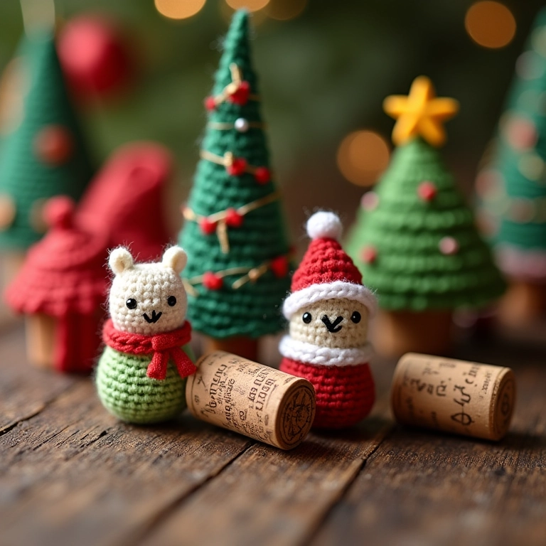 Enfeites de árvore de Natal de amigurumi com rolhas de cortiça.