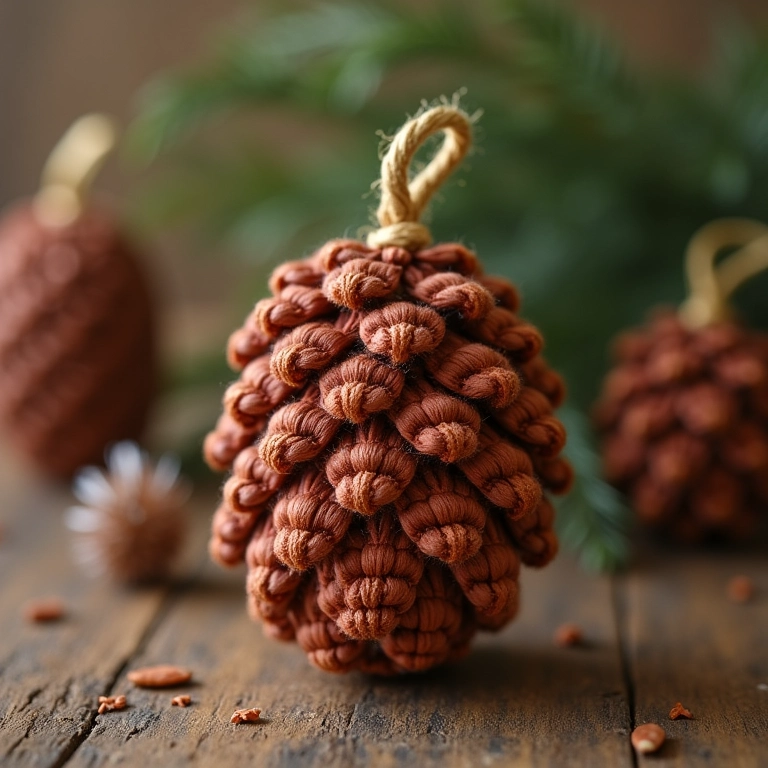 Enfeites de crochê feitos com pinhas naturais.
