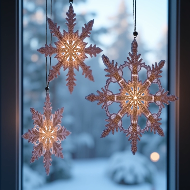 Enfeites de crochê para janelas no Natal.