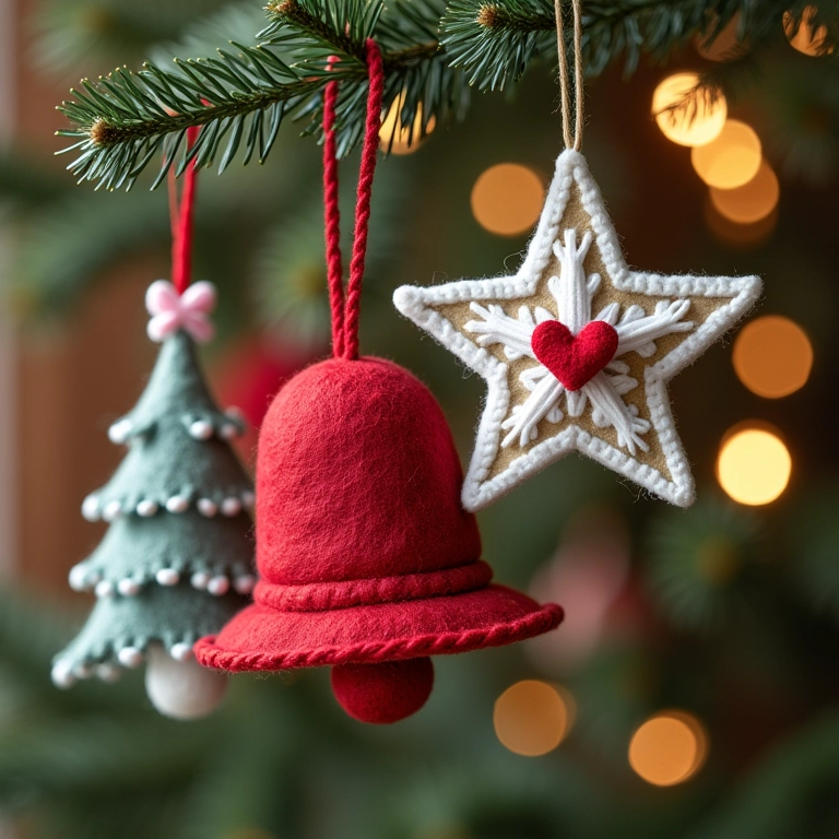 Enfeites de feltro e crochê para árvore de Natal.