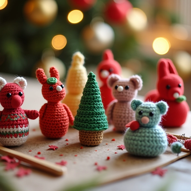 Enfeites de Natal de amigurumi com palitos de picolé.