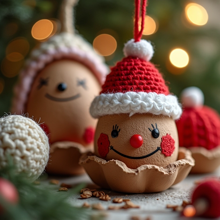 Enfeites de Natal de amigurumi feitos com caixas de ovo.
