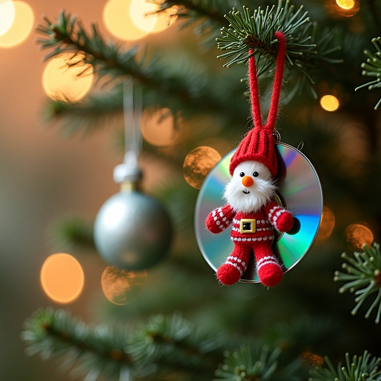 Enfeites de Natal de amigurumi feitos com CDs reciclados.