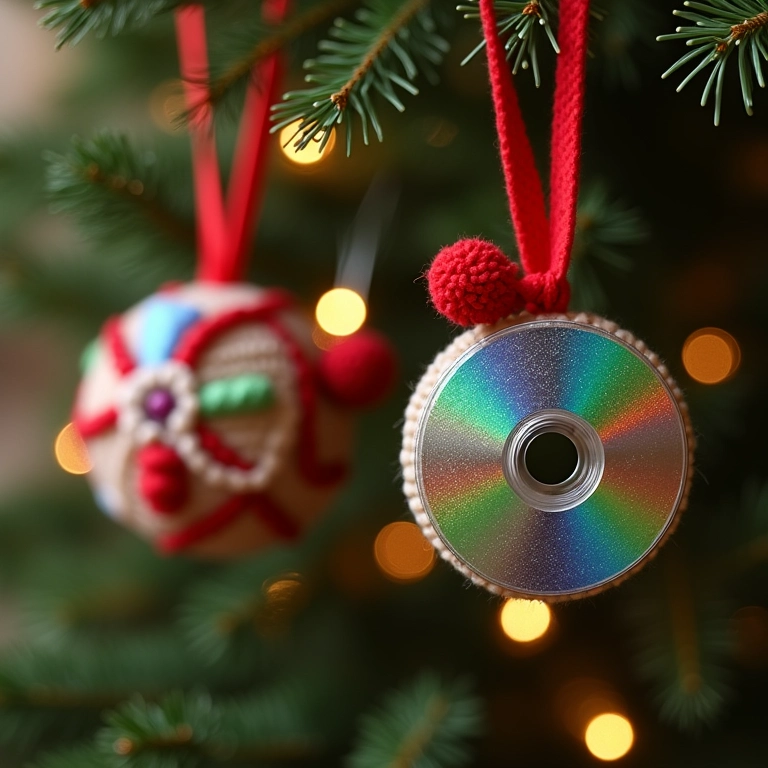 Enfeites de Natal de amigurumi feitos com CDs reciclados.