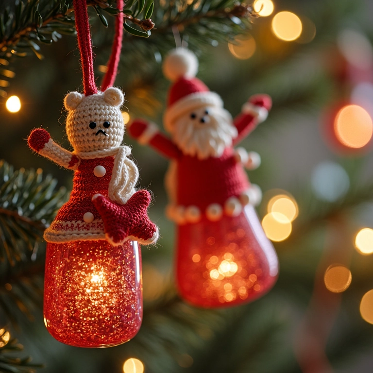 Enfeites de Natal de amigurumi feitos com garrafas de vidro.