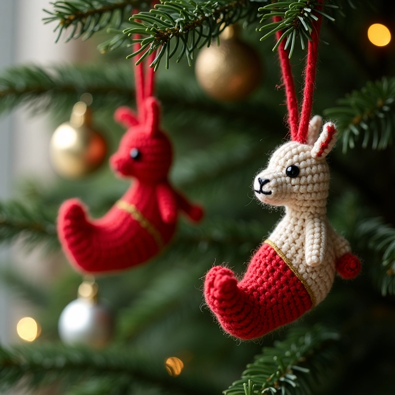 Enfeites de Natal de CD e crochê pendurados na árvore.
