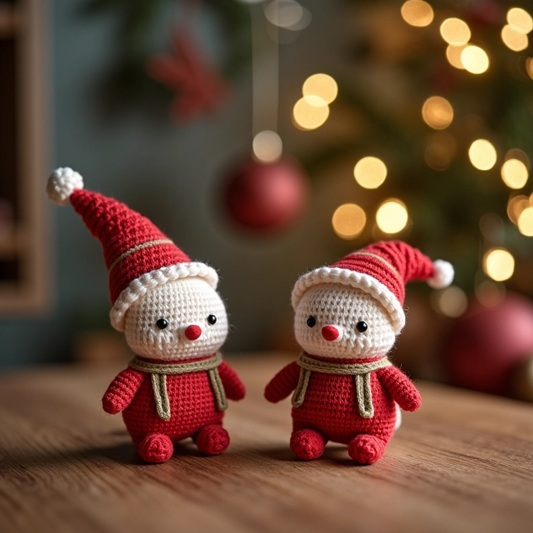 Enfeites de Natal de papel de crochê em uma mesa de madeira.