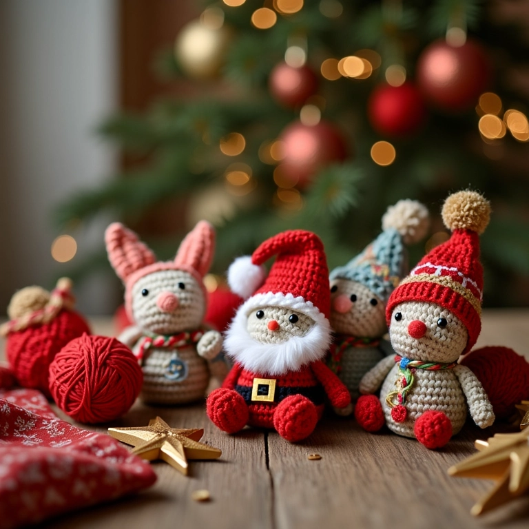 Enfeites de Natal em amigurumi sobre mesa de madeira com materiais de crochê.