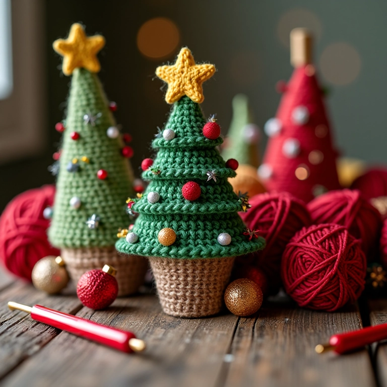 Enfeites de Natal em amigurumi sobre mesa de madeira rústica.