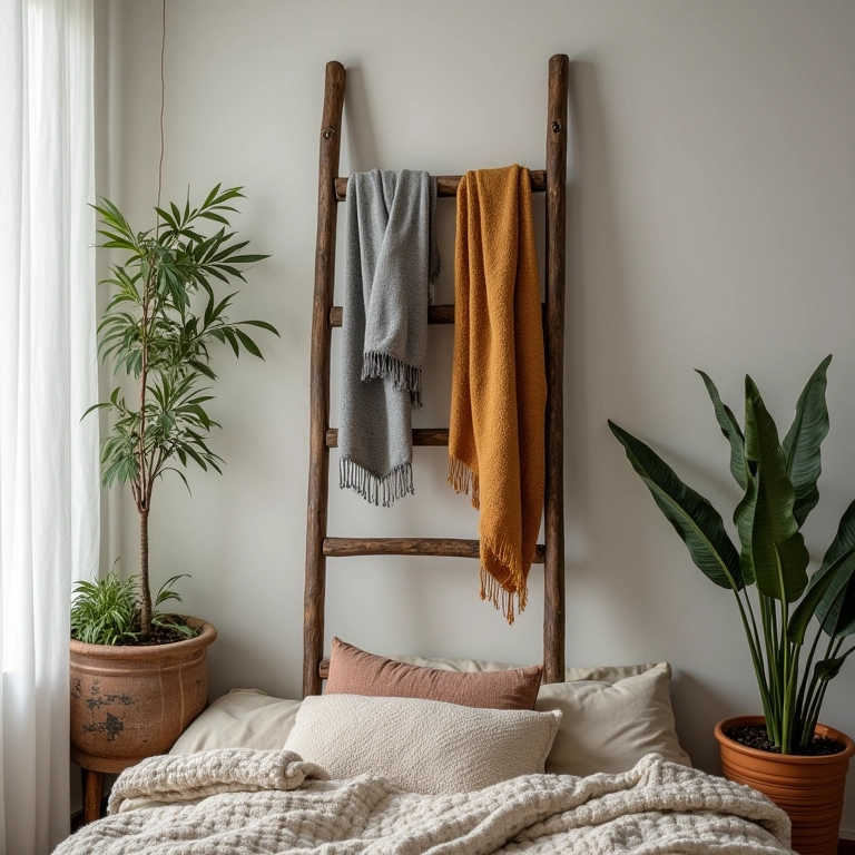 Escada antiga usada para organizar acessórios.