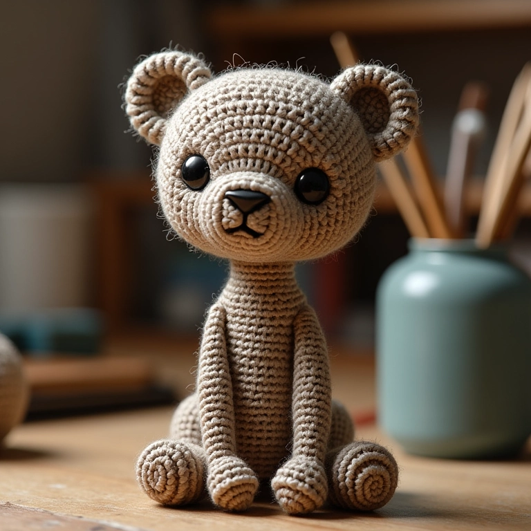 Escultura de amigurumi abstrata com crochê, arame reciclado e sucata.