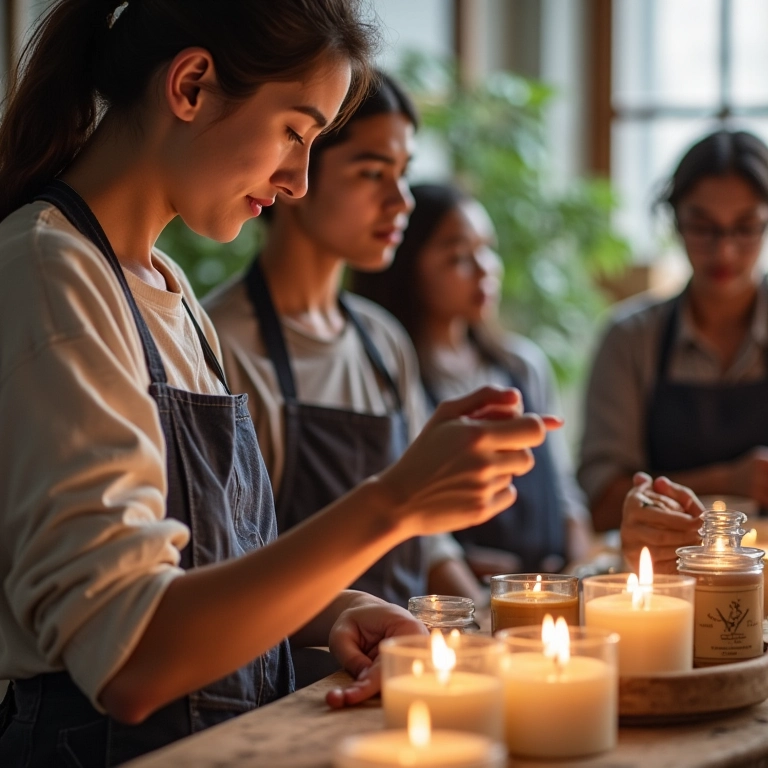 Especialista ensinando técnicas de fabricação de velas de soja.