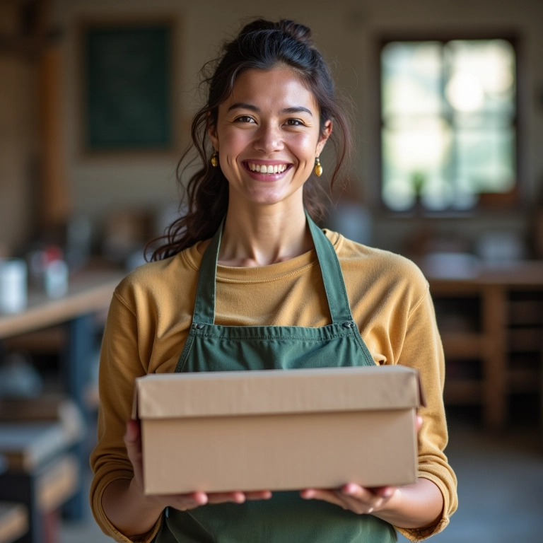Especialista sorrindo, segurando artesanato impecável feito com caixa de sapato.