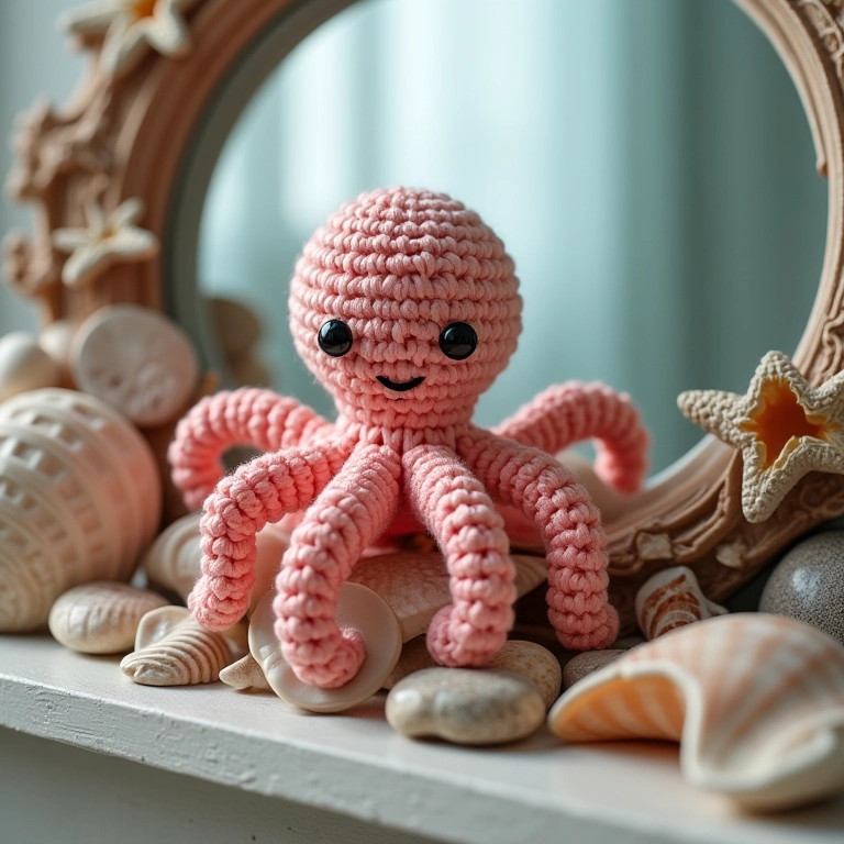 Espelho decorado com conchas, pedras e amigurumi de polvo.
